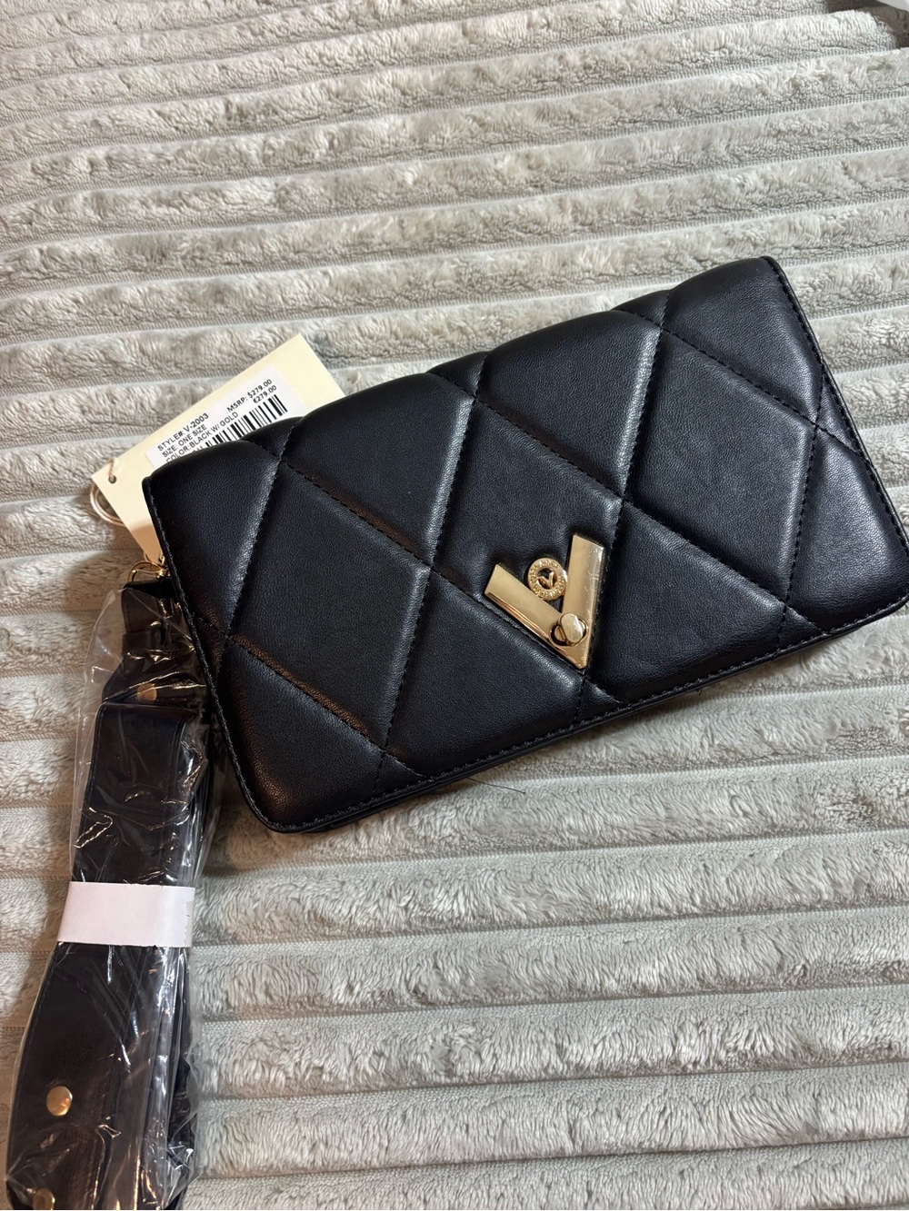 Valentino Orlandi Black Quilted Crossbody with Gold V Accent